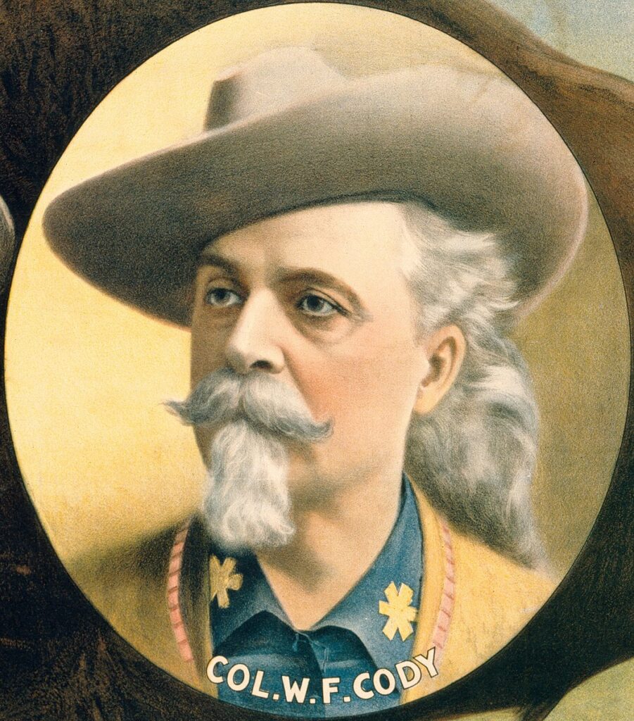 Detail of a color lithograph showing Buffalo Bill Cody